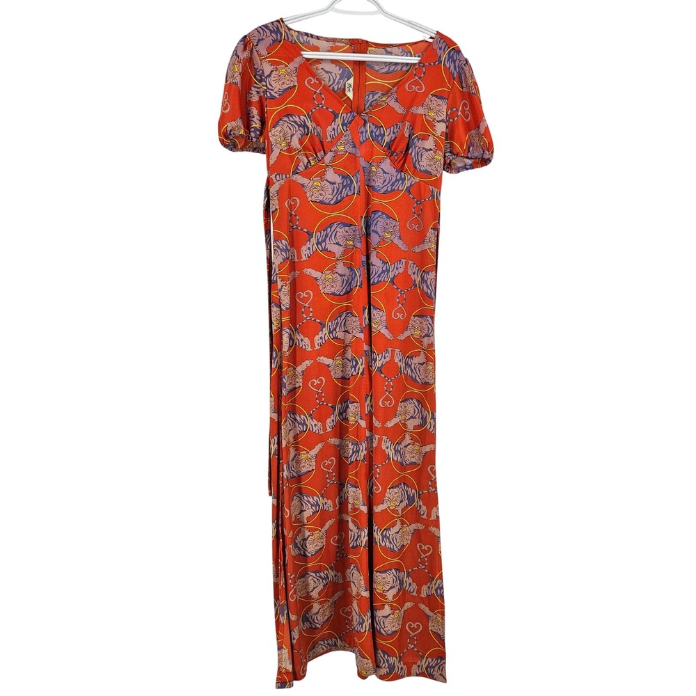 Vintage Byer California Maxi Dress Orange Tiger Print V-Neck Pop Art Mesh Slit S
